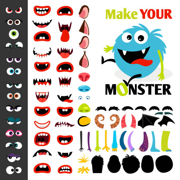 Make a monster icons set Make a monster icons set, with alient eyes, mouths, ears and horns, wings and hand body parts. Vector illustration tooth in hand stock illustrations