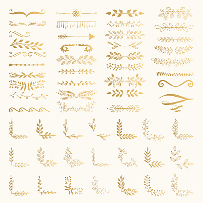 Golden text separators. Wedding ornaments. Vector dividers. Isolated.