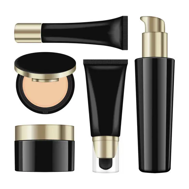 Vector illustration of Realistic cosmetic black bottles with gold caps. Vector containers and tubes for cream, balsam, lotion, gel, foundation cream