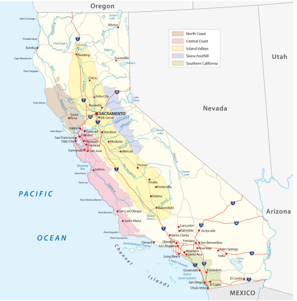 illustrations, cliparts, dessins animés et icônes de carte des régions viticoles de californie - state highway