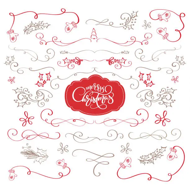 Vector illustration of Winter set of decorative calligraphic elements Merry Christmas, dividers and new year ornaments for page decor. Vector lettering