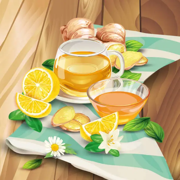 Vector illustration of Ginger tea vector composition on wooden background