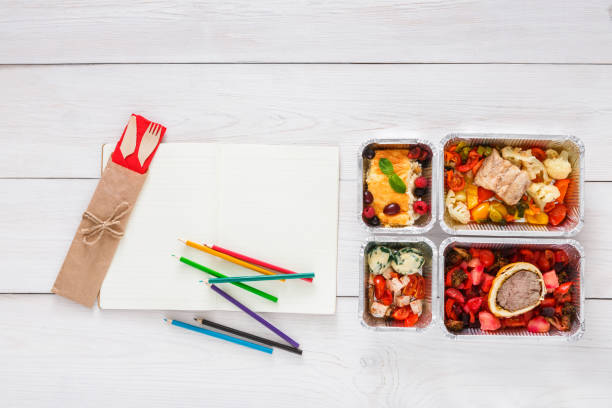 istock Healthy food, lunch in foil box on student table, diet 866513184