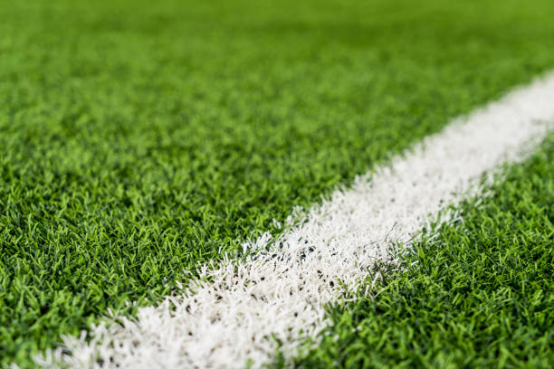 linea bianca sul campo sportivo green grass per concetto sportivo - field sports foto e immagini stock