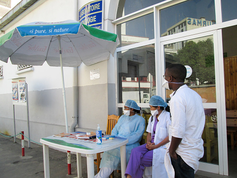 Antananarivo, Madagascar - October 24, 2017:Medical team consisting of doctors, nurses and interns waiting to carry out a rapid diagnostic test (RDT) to patients suffering from pneumonic plague at the children's hospital of Antananarivo during the plague period in Madagascar, East African Islands, Africa.