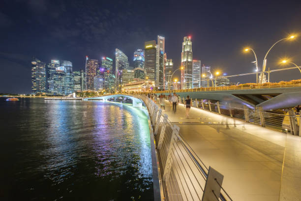 distrito financiero de singapur, viajes ubicación tiempo crepuscular - ariel cisjordania fotografías e imágenes de stock