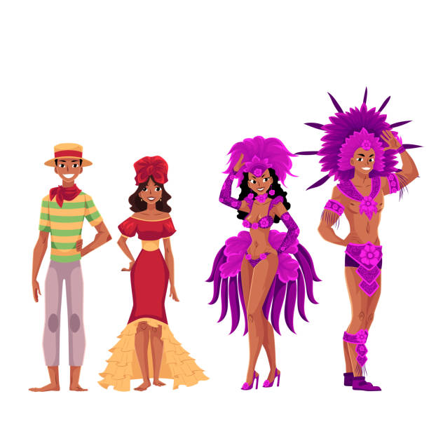 ilustraciones, imágenes clip art, dibujos animados e iconos de stock de pueblo brasileño en trajes tradicionales de samba y carnaval - samba dancing
