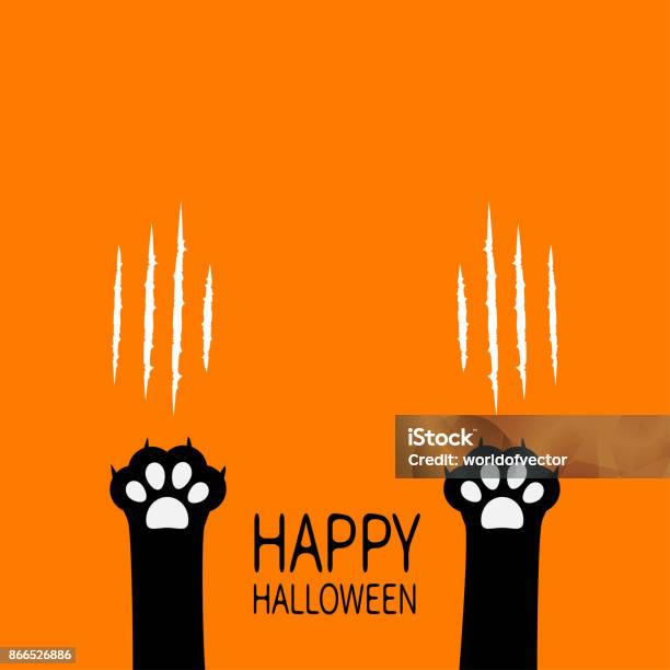 Happy Halloween Black Cat Scratching Paw Print Leg Foot Set Bloody Claws Animal Scratch Scrape Track Cute Cartoon Character Body Part Silhouette Baby Pet Collection Flat Orange Background Stock Illustration - Download Image Now