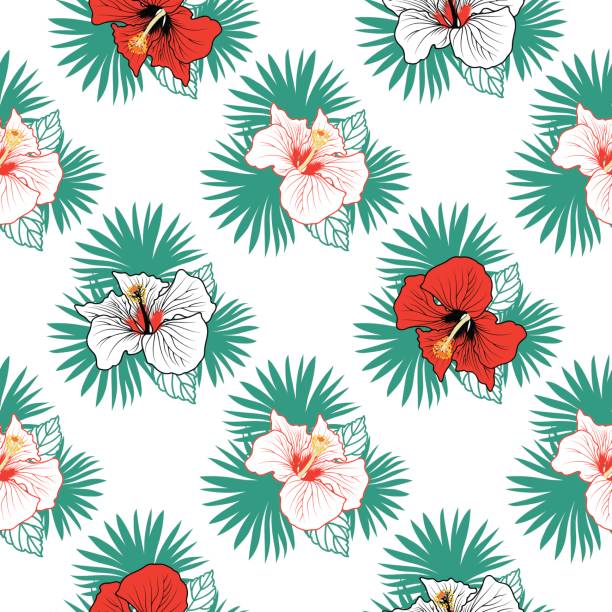 istock Exotic background with cute  palm leaves and hibiscus flowers. Summer tropical all over print. 866527042