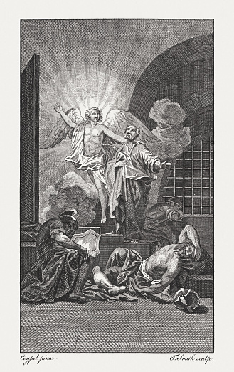 Peter delivered out of Prison by an Angel (Acts 12, 6-10). Copperplate engraving after an original by Antoine Coypel (French painter, 1661 - 1722), published in 1774.