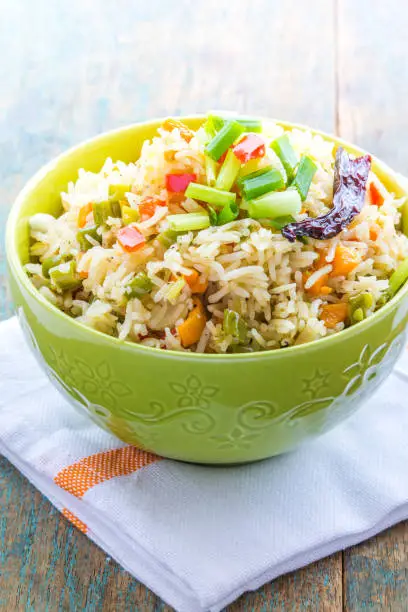 Fried rice / Pilaf in a bowl close up vertical image.