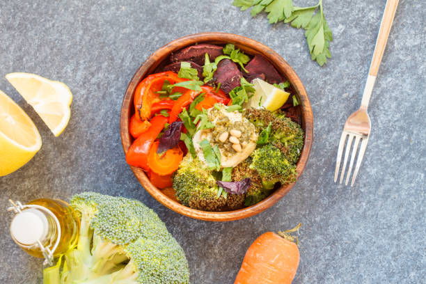 Vegetarian salad of baked vegetables with hummus