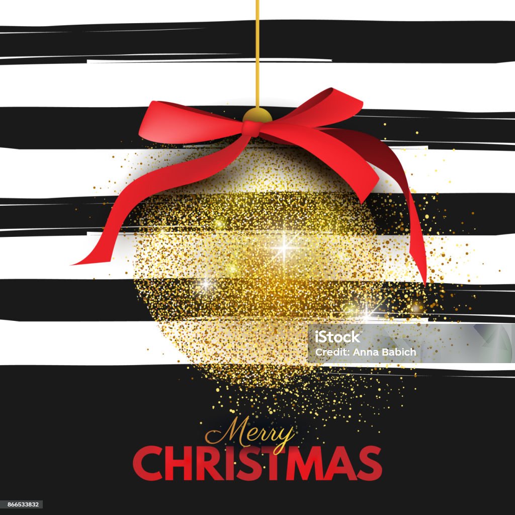 Beautiful, Merry Christmas card template, banner, layout design Beautiful, Merry Christmas card template, banner, layout design. Abstract golden (gold) glitter placer Christmas ball with red silk bow on striped black and white background hand drawn brush strokes Christmas stock vector