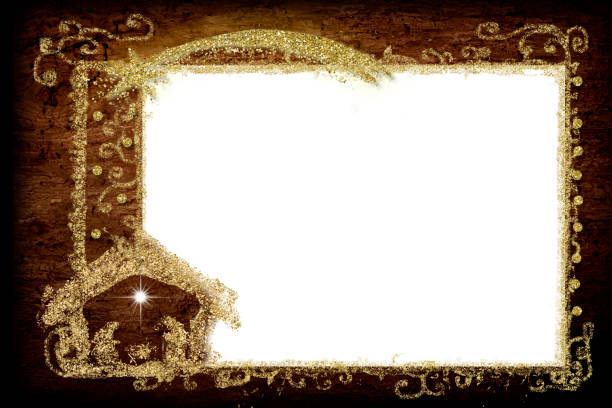 Christmas Nativity greetings cards, Star of Bethlehem, Nativity Scene and golden frame , empty white background  for message or photo.