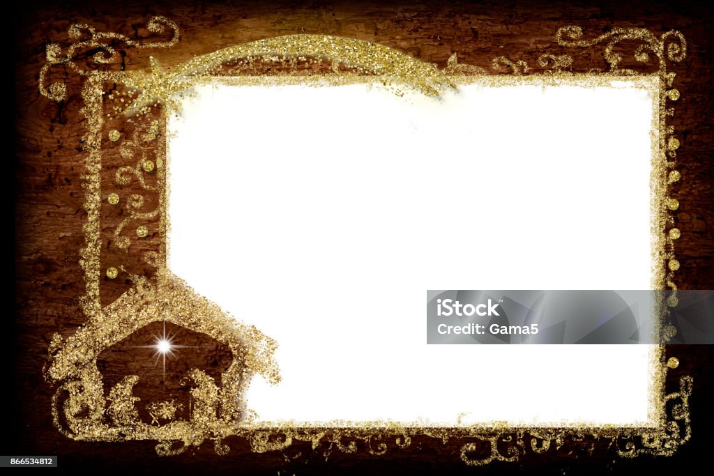 Christmas Nativity greetings cards Christmas Nativity greetings cards, Star of Bethlehem, Nativity Scene and golden frame , empty white background  for message or photo. Christmas Stock Photo
