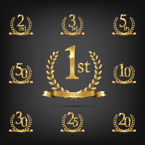 Anniversary golden symbol set. Golden laurel wreaths with ribbons and anniversary year symbols on dark background. Vector anniversary design element. Anniversary golden symbol set. Golden laurel wreaths with ribbons and anniversary year symbols on dark background. Vector anniversary design element. gold number 1 stock illustrations