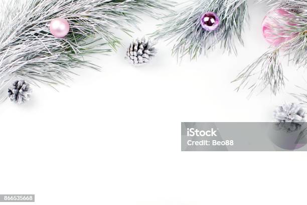 Christmas Border With Fir Branches Presents Christmas Ornaments On White Background Stock Photo - Download Image Now