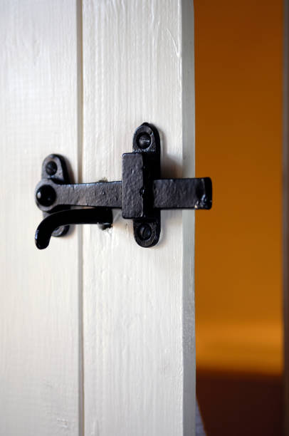 istock Black Iron Latch on White Wooden Door 866538850