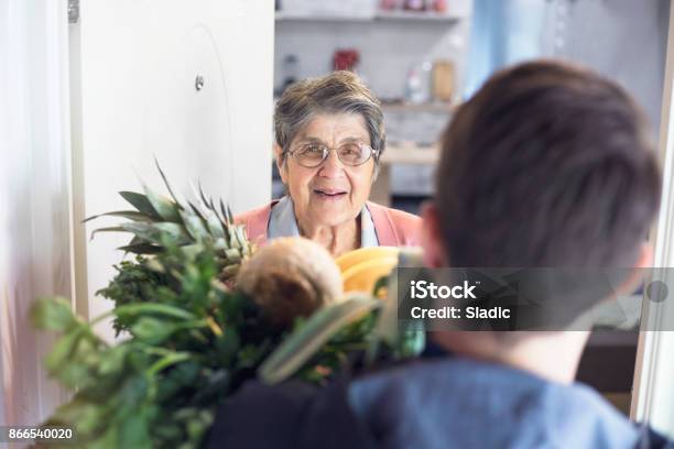Home Delivery Stock Photo - Download Image Now - Senior Adult, Delivering, Groceries