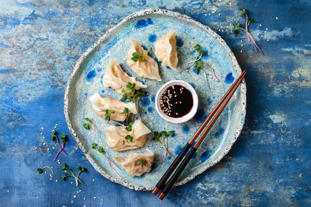 asian dumplings with soy sauce, sesame seeds and microgreens. traditional chinese dim sum dumplings. copy space, flat lay - blue plate fotos imagens e fotografias de stock