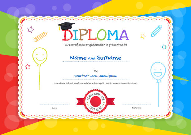 illustrations, cliparts, dessins animés et icônes de modèle de diplôme ou certificat d’enfants avec main dessin fond style dessin animé - paper education preschool blank