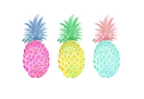 Watercolor hand drawn set of three pineapples, painted fruit plant in green, mint and pink colors isolated on white background