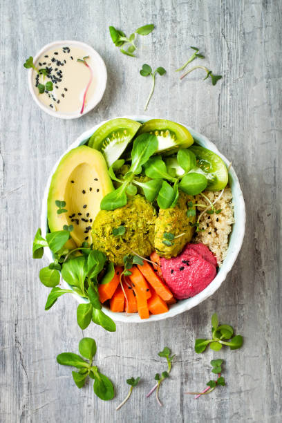 Middle eastern style Buddha bowl with green falafel, quinoa, butternut squash, tomatoes, avocado, beetroot hummus, micro greens and tahini sauce.
