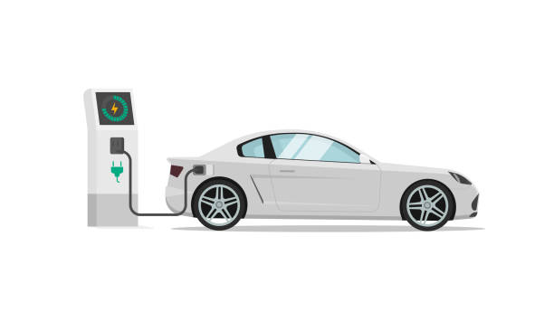 Electric car charging station vector illustration isolated, auto or automobile power charger flat design Electric car charging station vector illustration isolated, auto or automobile power charger battery charger stock illustrations