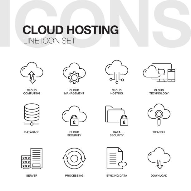 ilustraciones, imágenes clip art, dibujos animados e iconos de stock de cloud hosting iconos de línea - exchanging connection symbol computer icon