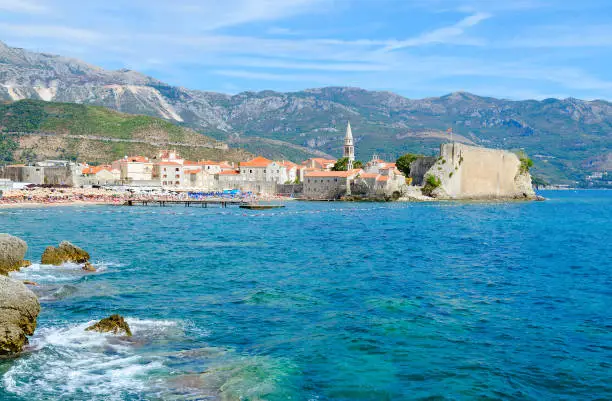 Photo of Old Town on background of mountains, Budva, Montenegro