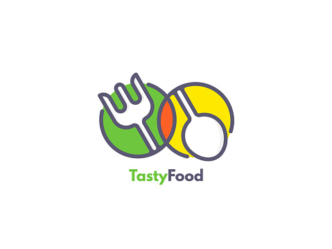Food like icon. Fork and Spoon inside circles. Catering concept. Flat line vector illustration.
