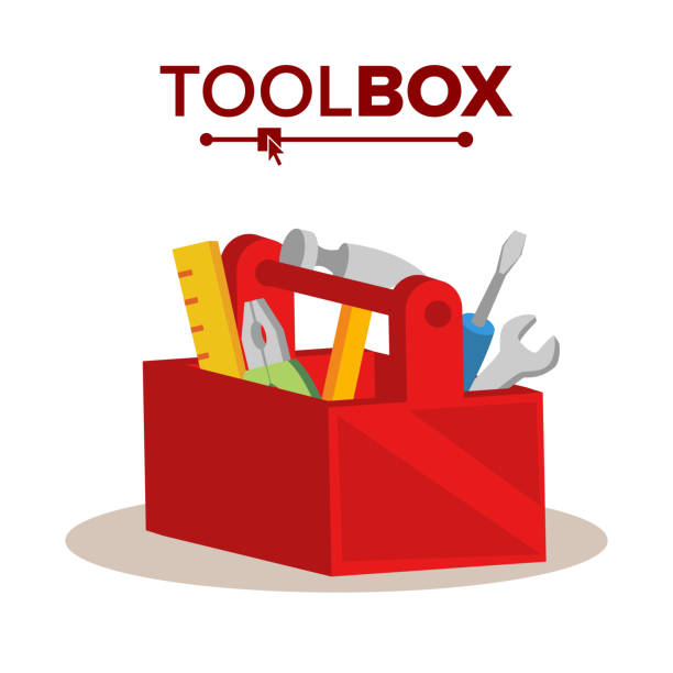 Red Classic Toolbox Vector. Full Of Equipment. Flat Cartoon Isolated Illustration Red Classic Toolbox Vector. Full Of Equipment. Flat Cartoon Isolated toolbox stock illustrations