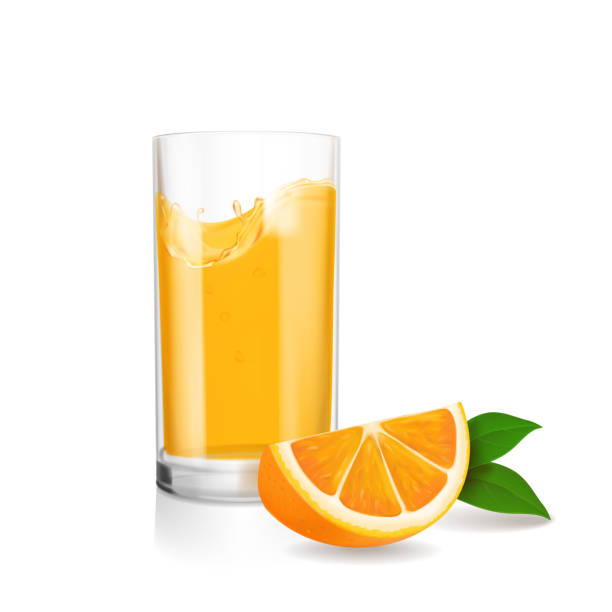 ilustrações, clipart, desenhos animados e ícones de laranja fresca e vidro com suco. ilustração vetorial realista - orange portion fruit drink