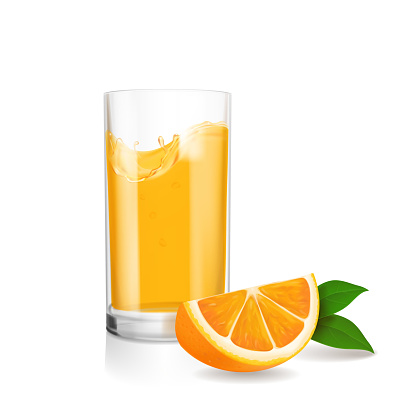 Fresh orange and glass with juice. Realistic vector illustration.