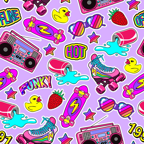 stockillustraties, clipart, cartoons en iconen met naadloze patroon met kleurrijke elementen: skateboard, pet, zonnebril, boombox, rubber duck, vintage roller blades, enz. violette achtergrond. - rolschaatsen ijs of rolschaatsen