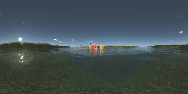 istock Spherical 360 degrees seamless panorama with bathing women and dwarfs on a raft 866583052
