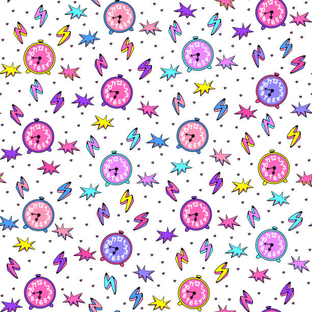 Cute seamless pattern with alarm clocks. Fun colorful cartoon style of 80s-90s. White background. Cute seamless pattern with alarm clocks. Fun colorful cartoon style of 80s-90s. White background. clock designs stock illustrations