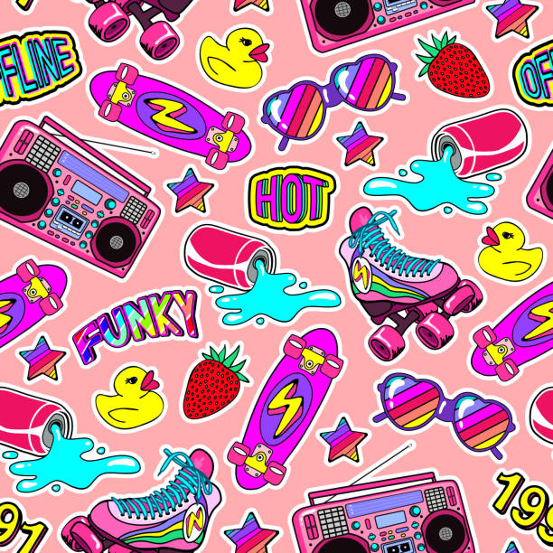 Seamless pattern with colorful elements: skateboard, cap, sunglasses, boombox, rubber duck, vintage roller blades, etc. Seamless pattern with colorful elements: skateboard, cap, sunglasses, boombox, rubber duck, vintage roller blades, etc. Background with patches, badges, pins, stickers in 80s comic style cool graffiti characters stock illustrations