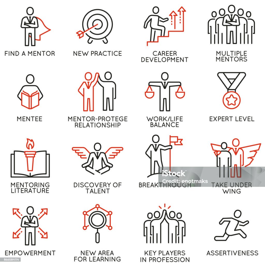 Vector set of icons related to business training, consulting service Vector set of icons related to career progress, corporate management, business people training, tutorship and professional consulting service. Mono line pictograms and infographics design elements - part 4 Icon Symbol stock vector