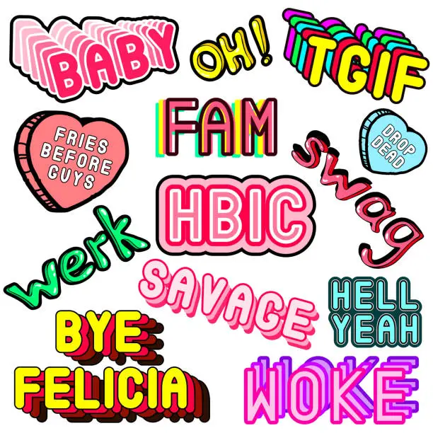 Vector illustration of Vector set of phrases, words, meme patches: 