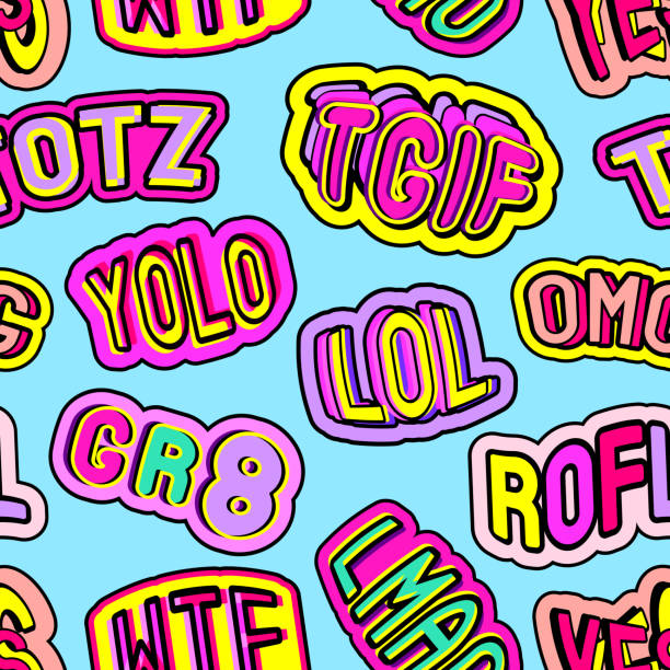 ilustrações, clipart, desenhos animados e ícones de padrão sem emenda com adesivos coloridos, adesivos, crachás, pinos com as palavras "totz", "happy hour", "yolo", "lol", "omg", "gr8", "wtf", "lmao". c abreviaturas de gíria adolescente. - omg