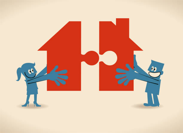 Woman and man holding two jigsaw pieces to finish a house shape puzzle Blue Little Guy Characters Full Length Vector art illustration.Copy Space. estate worker stock illustrations