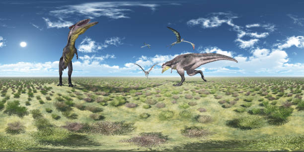 istock Spherical 360 degrees seamless panorama with Tyrannotitan and Quetzalcoatlus 866585158