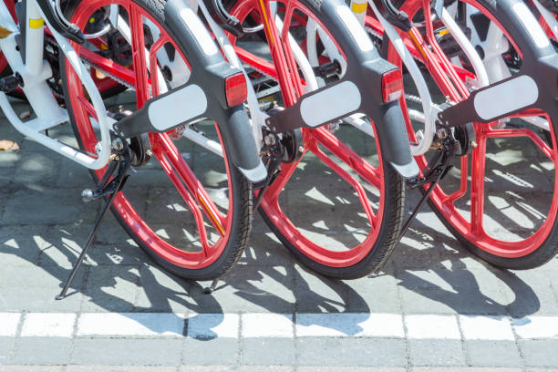 istock Public rental bicycles in a line 866599796