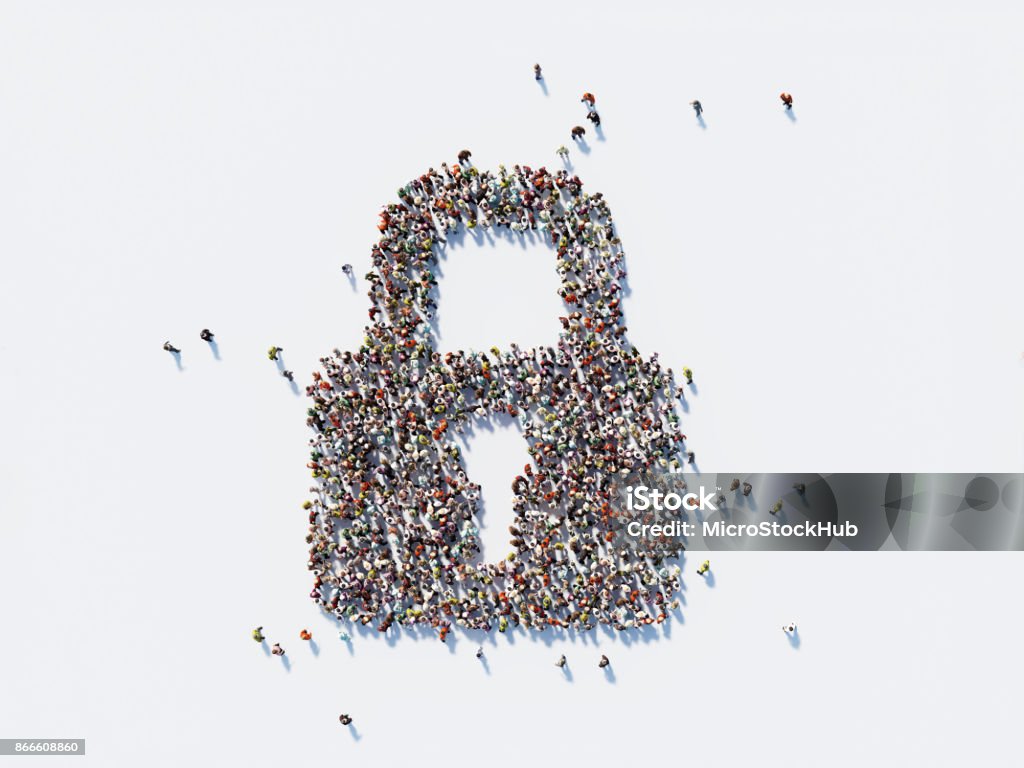 Human Crowd Forming A Lock Symbol: Security and Crowdfunding Concept Human crowd forming a big lock on white background. Horizontal composition with copy space. Clipping path is included. Security and Crowdfunding Concept. Security Stock Photo