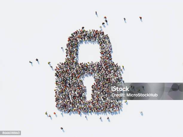 Human Crowd Forming A Lock Symbol Security And Crowdfunding Concept Stock Photo - Download Image Now