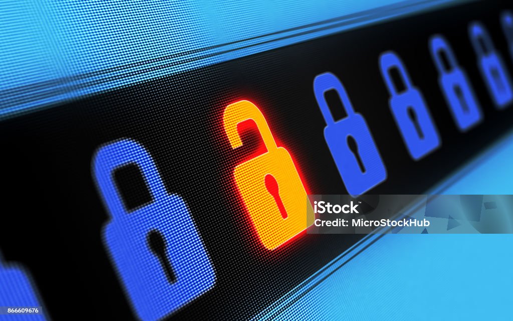 Security Concept On Digital Screen Security concept on digital screen. Locks in a row depicting vulnerability to phishing and spamming. Horizontal composition with copy sapce. Vulnerability Stock Photo