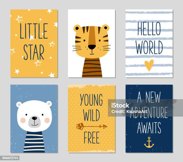 아기와 아이 위한 만화 호랑이와 곰 생일 카드 아이에 대한 스톡 벡터 아트 및 기타 이미지 - 아이, 초대장, 아기