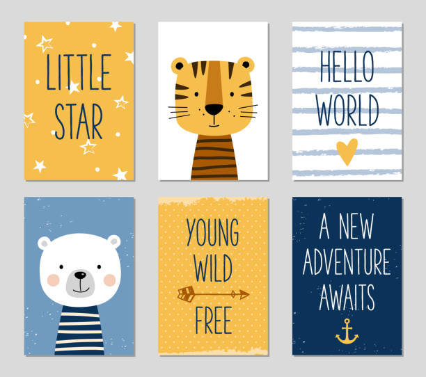 ilustrações de stock, clip art, desenhos animados e ícones de birthday cards with cartoon tiger and bear for baby boy and kids. - baby animals