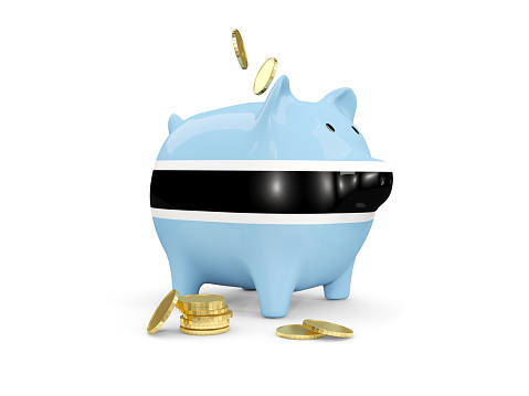 Fat piggy bank with flag of botswana and money isolated on white. 3D illustration